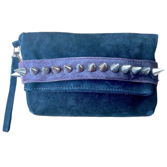 Via Repubblica Clutch Wristlet Black Suede & Burgundy Pony-hair with gold studs - Picture 1 of 8